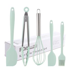 Silicone Cook Utensils;  5 Piece Kitchen Cooking Set;  Includes Large Spatula;  Small Spatula;  Grease Brush;  Food Clamp;  Whisk (color: Green)
