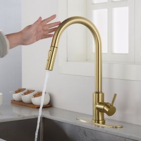 Touch Kitchen Faucet with Pull Down Sprayer; Single Handle High Arc  Pull out Kitchen Faucet; Single Level Stainless Steel Kitchen Sink Faucets with P (color: Brushed Gold)